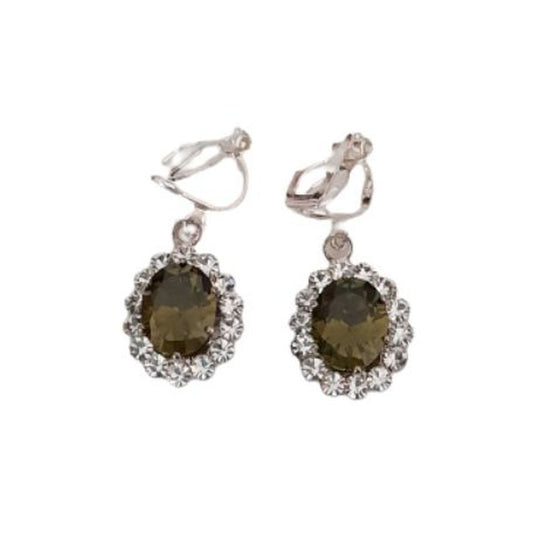 Olive Green Diamante Surround Clip On Earrings