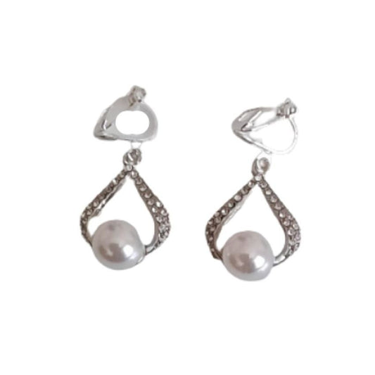 Open Diamante Pearl Drop Clip On Earrings