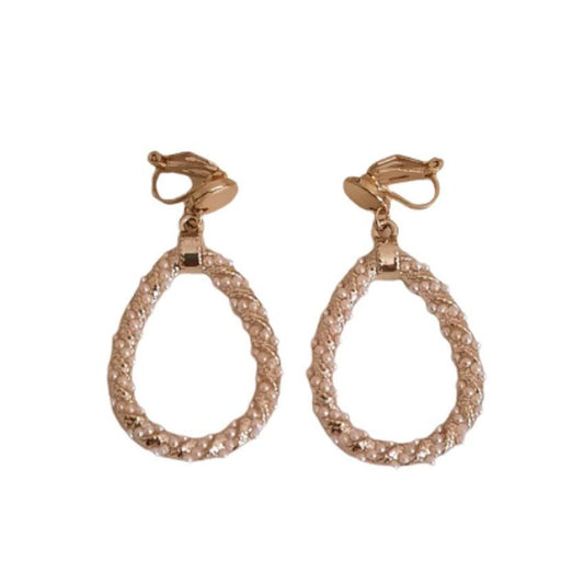 Open Pearl Hoop Drop Clip On Earrings