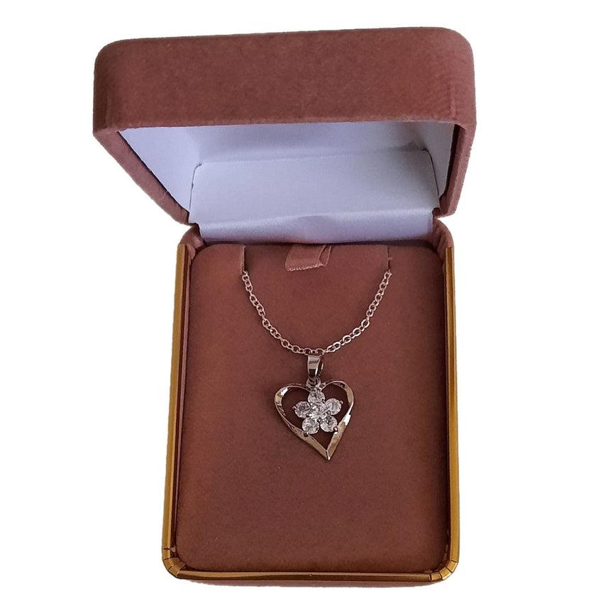 Open Silver Heart Pendant With a Cubic Zirconia Flower Centre Stone