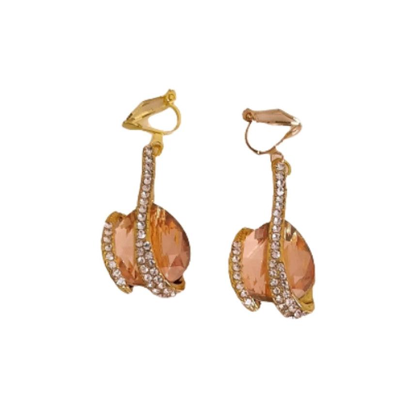 Orange Diamante And Gold Clip On Earrings
