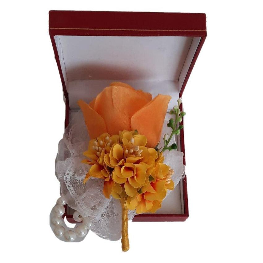Orange Flower Bouquet Wrist Corsage Pearl Bracelet