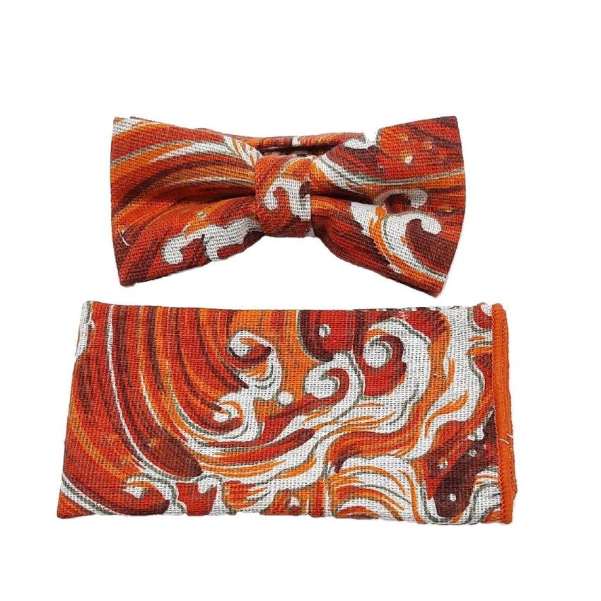 Orange With White Wave Pattern Boys Dicky Bow And Hanky Set