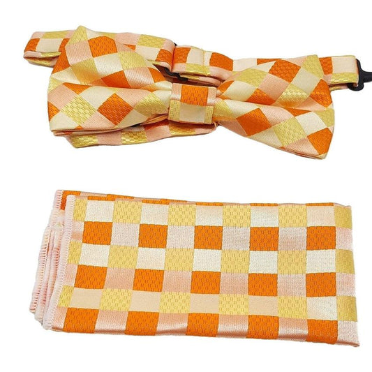 Orange And Yellow Check Pattern Bow Tie Set