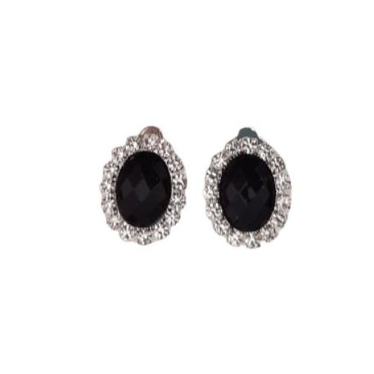Oval Black Crystal Clip On Earrings