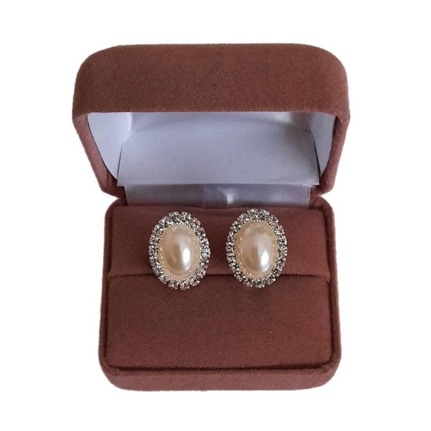 Oval Diamante With Pearl Clip On Earrings