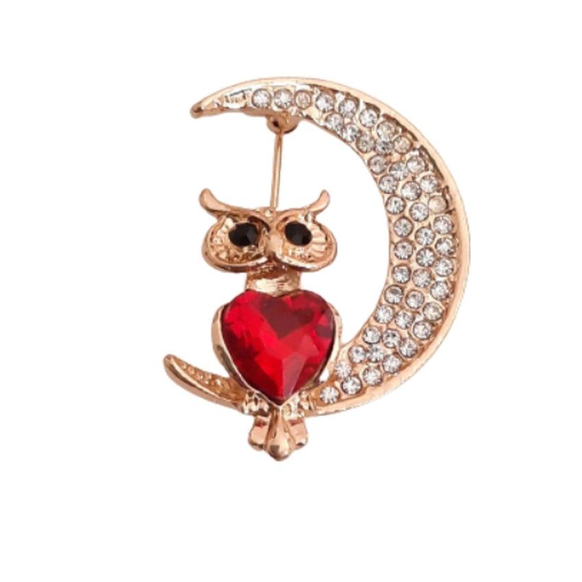 Owl In A Half Moon Diamante Brooch