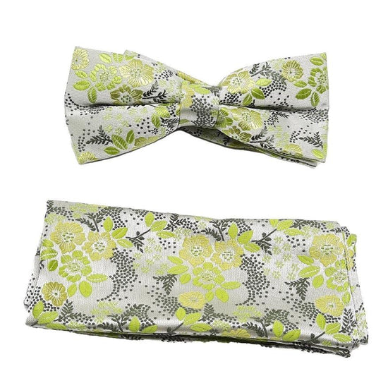 Pale Green And Yellow On Grey Floral Adjustable Bow Tie And Hanky Set