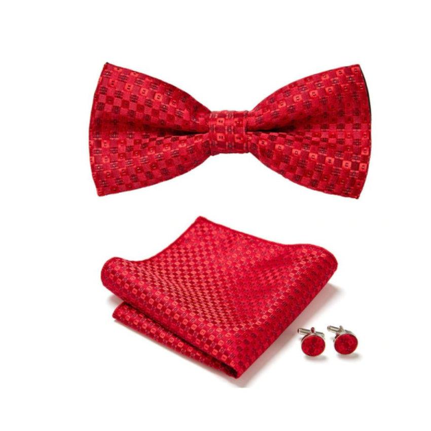 Patterned Red Cufflinks Bow Tie And Hanky Set
