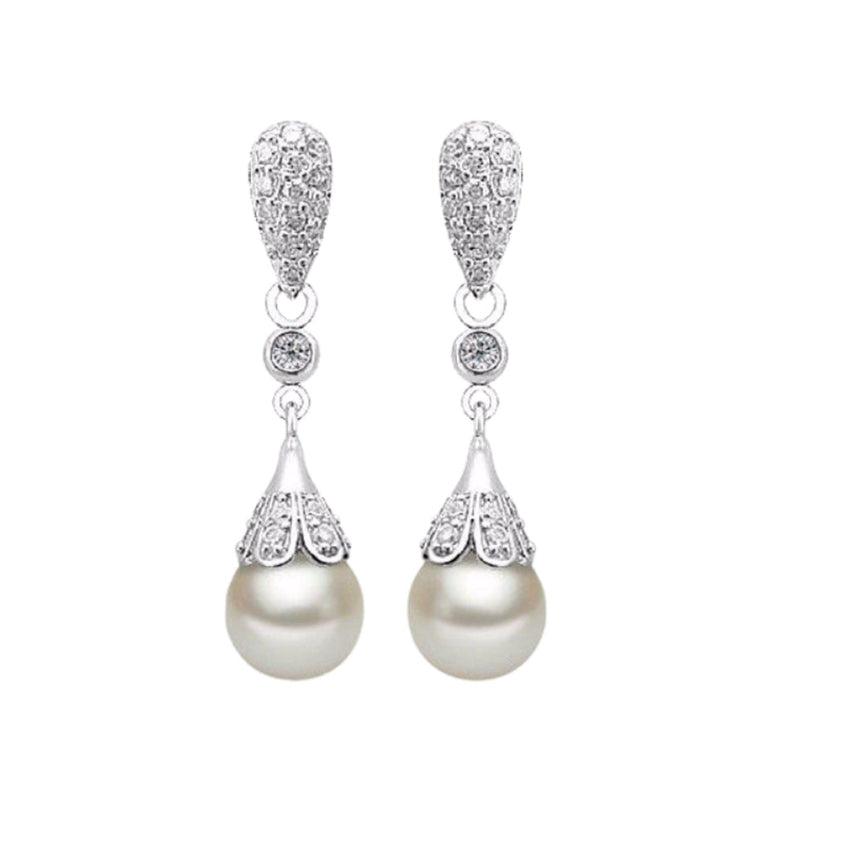 Pave Set Stem Freshwater Pearl Earrings