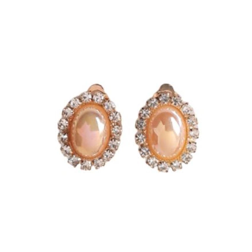 Peach Diamante And Gold Clip On Earrings