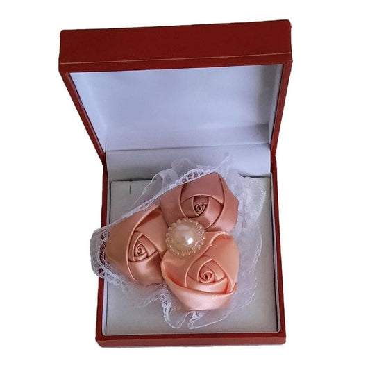 Peach And Gold Satin Rosebuds Wrist Corsage