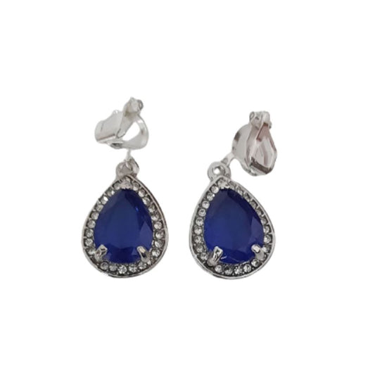 Pear Drop Blue CZ Clip On Earrings