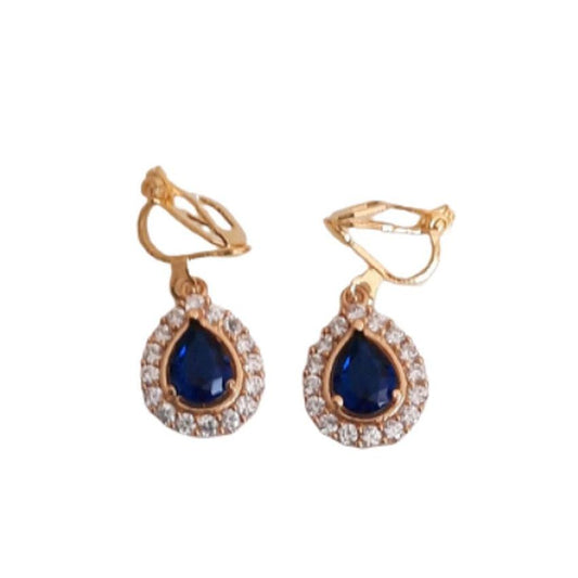 Pear Drop Blue Crystal Clip On Earrings