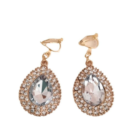 Peardrop Gold Diamante Clip On Earrings