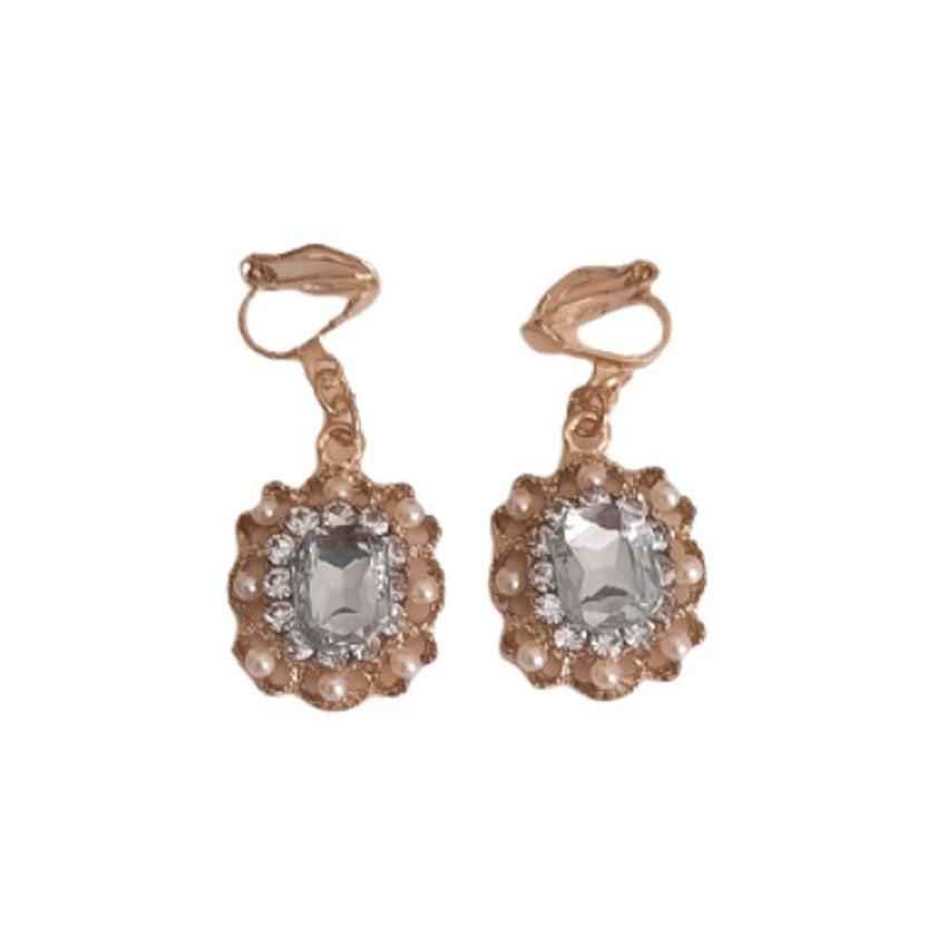 Pearl And Gold Rectangle Clip On Earrings