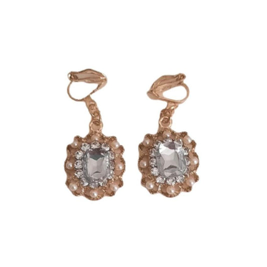 Pearl And Gold Rectangle Clip On Earrings