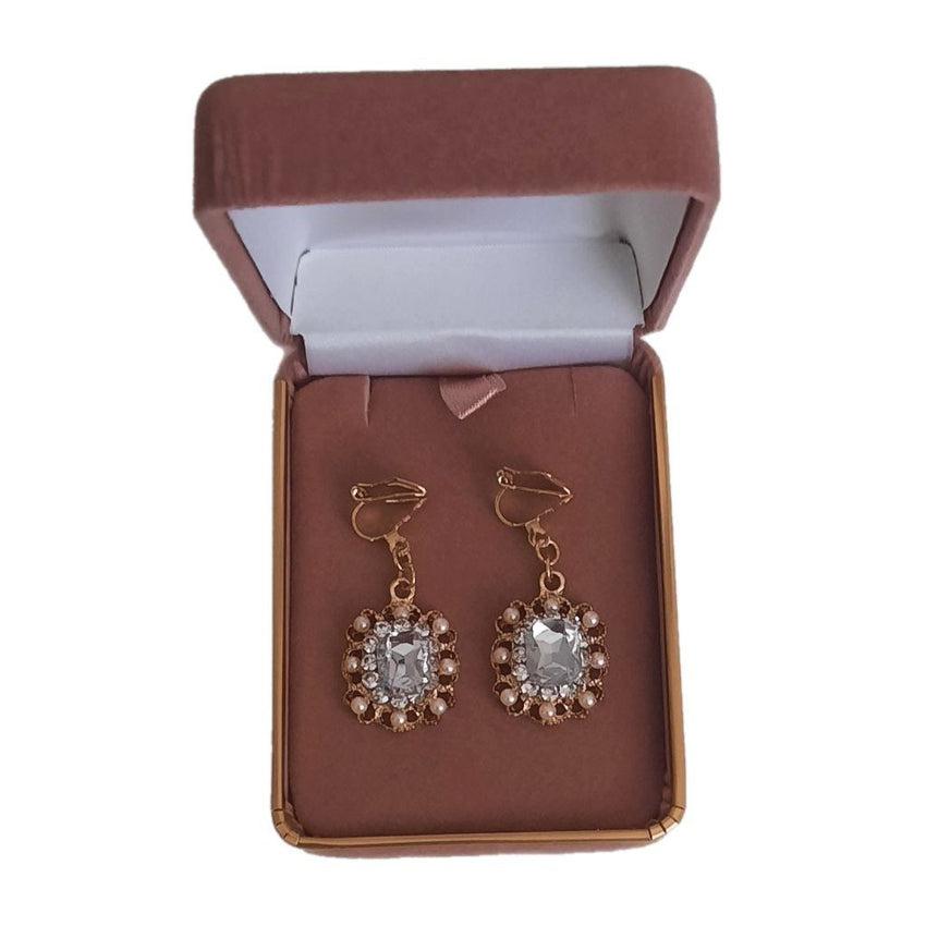 Pearl And Gold Rectangle Clip On Earrings