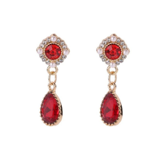 Pearl And Red Crystal Drop Clip On Earrings