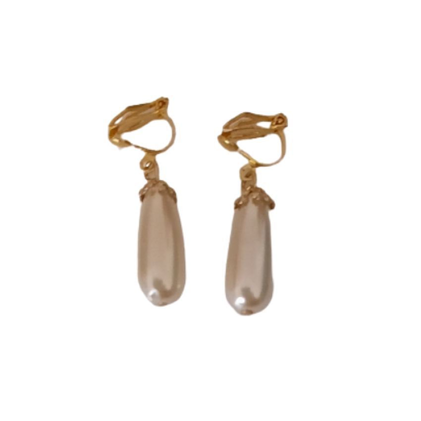 Pearl Bullet Drop Clip On Earrings