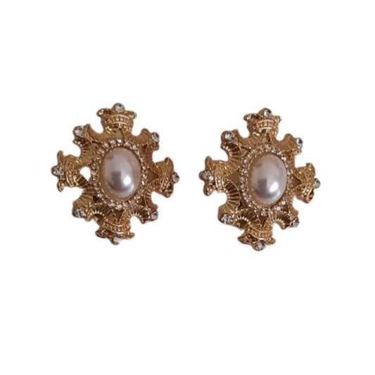 Pearl Centre With Gold And Crystal Edges Clip On Earrings