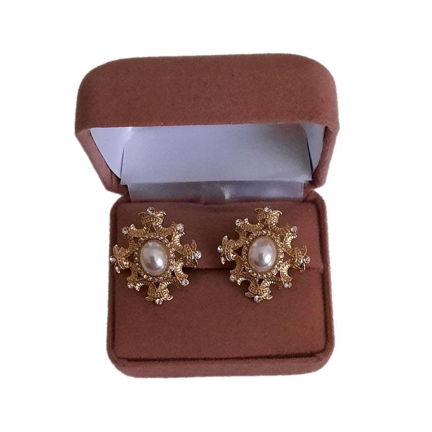 Pearl Centre With Gold And Crystal Edges Clip On Earrings