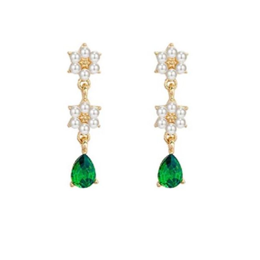 Pearl Flower Green Stone Clip On Earrings