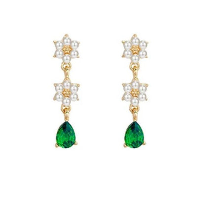 Pearl Flower Green Stone Clip On Earrings