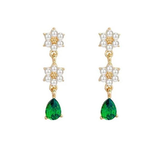 Pearl Flower Green Stone Clip On Earrings