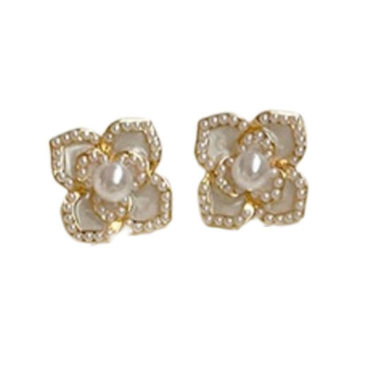 Pearl Inset Flower Design Clip On Earrings