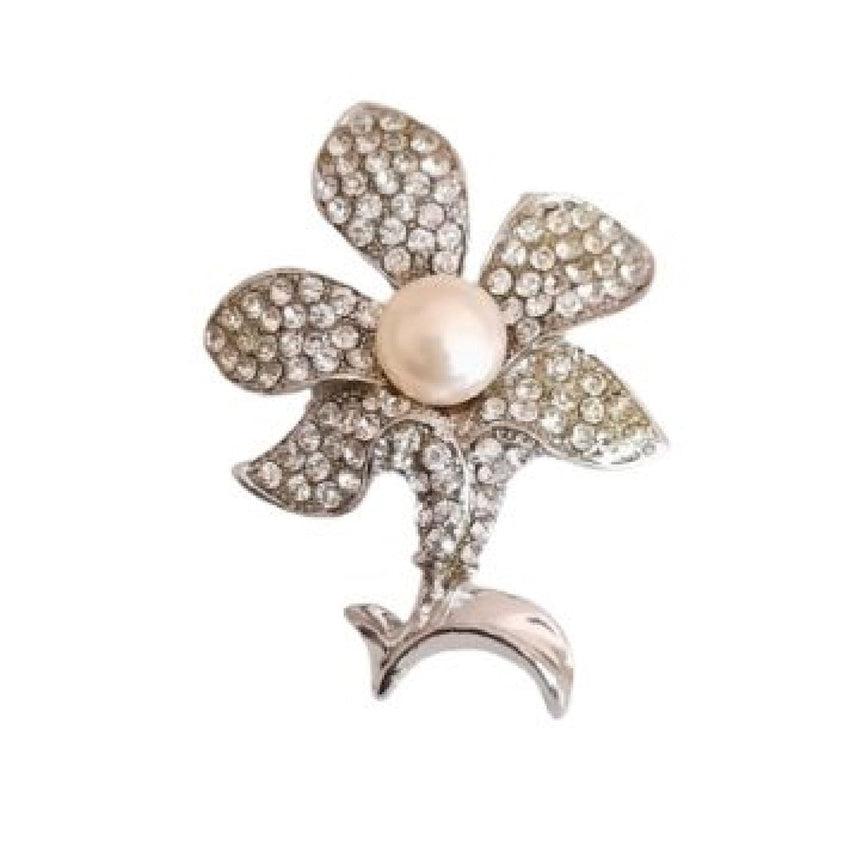 Pearl Centre Open Flower Brooch With Diamante Petals