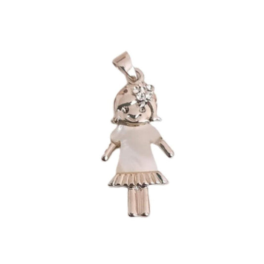 Pearl Enamel Girl Doll Pendant With a Cubic Zirconia Hair Bow
