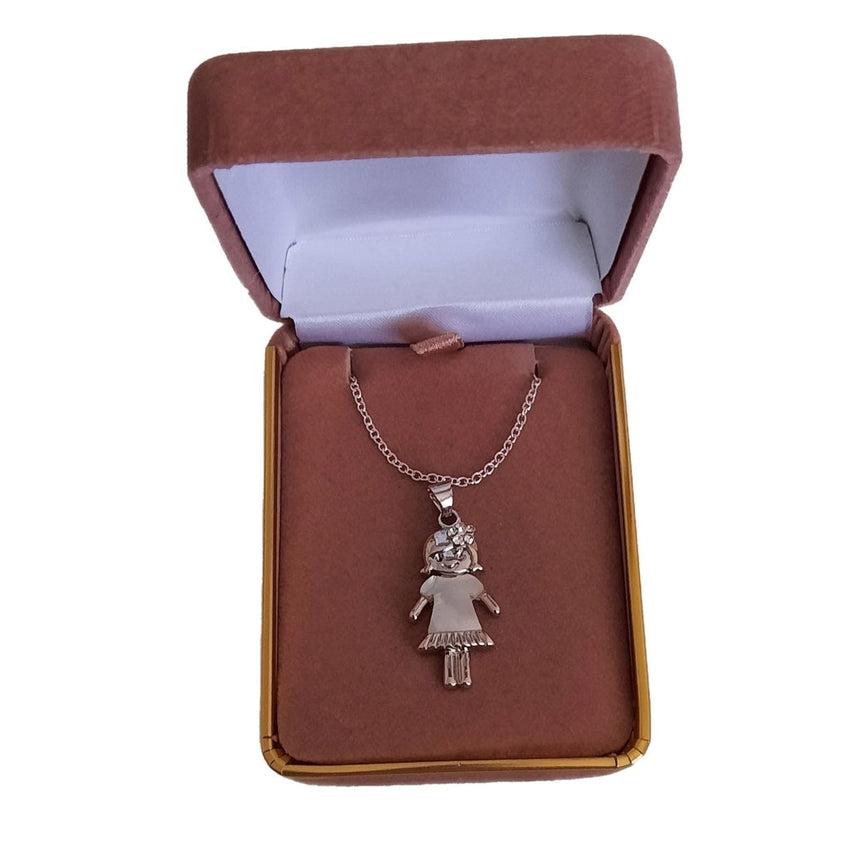Pearl Enamel Girl Doll Pendant With a Cubic Zirconia Hair Bow