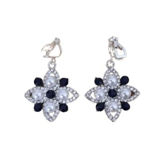 Pearls With Black Diamante Clip On Earrings