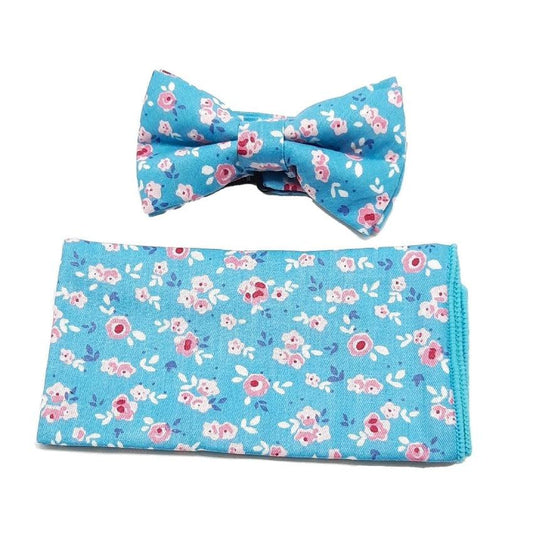 Pink And Blue Floral Pattern Boys Dicky Bow And Hanky Set