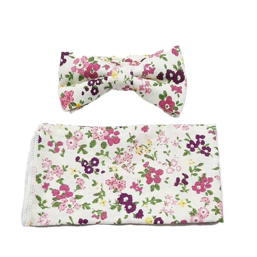 Pink And Cream Flower Boys Dicky Bow And Hanky Set