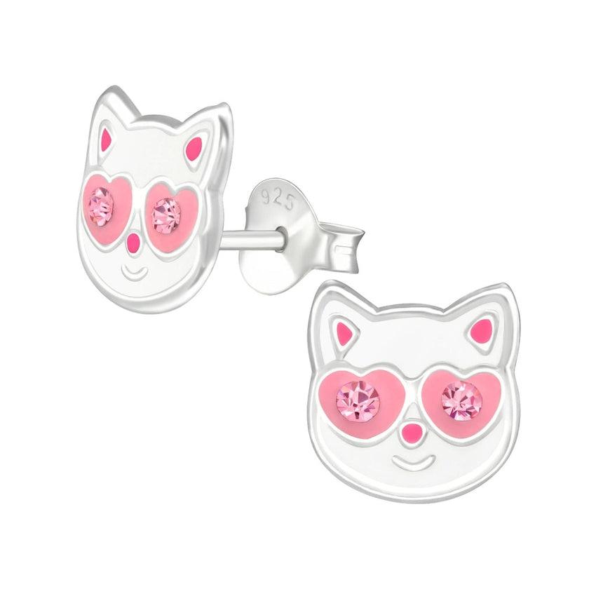 Pink Cat Face Sterling Silver Earrings