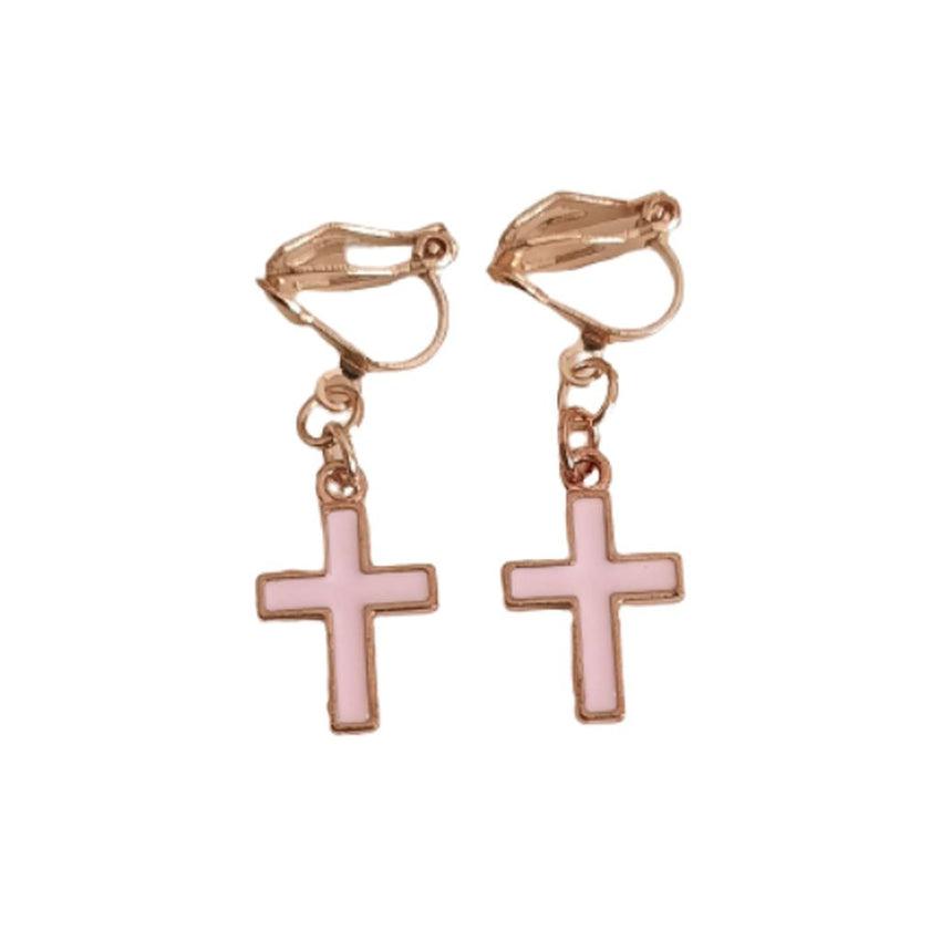 Pink Cross Clip On Earrings