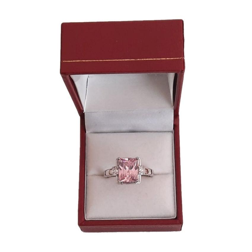 Pink Cubic Zirconia Rectangle Centre Stone Emerald Cut Silver Ring