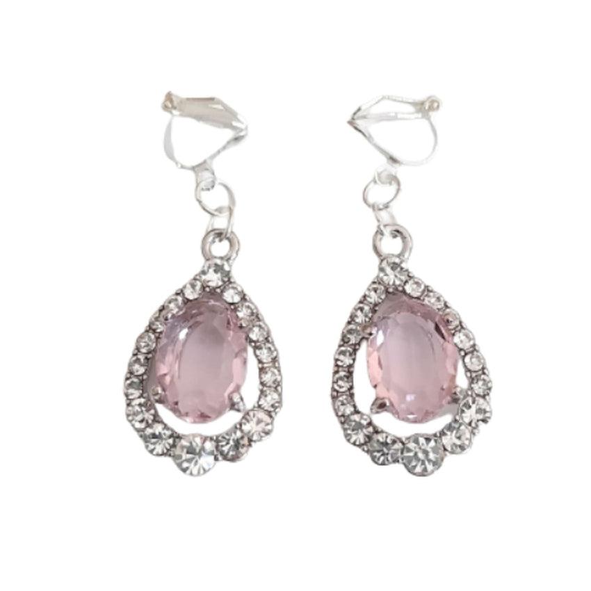 Pink Diamante Silver Tone Clip On Earrings