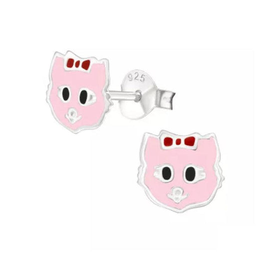 Pink Enamel Sterling Silver Cat Earrings