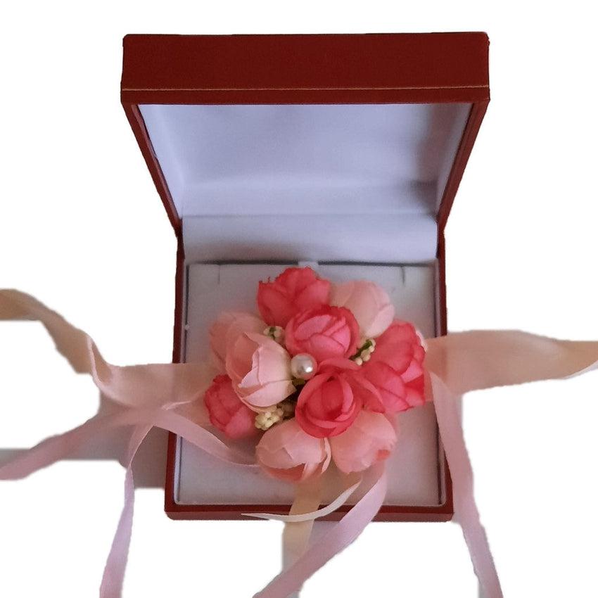 Pink Flower Bud Wrist Corsage With Pearl And Ribbon Detail