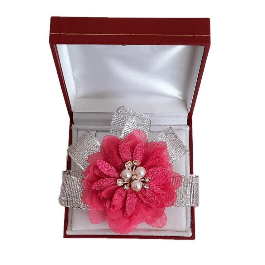 Pink Flower Silver Ribbon Pearl Wrist Corsage