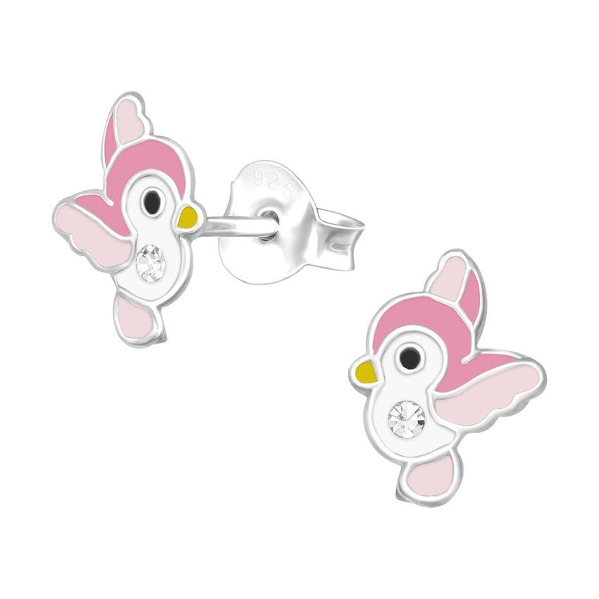Pink And White Sterling Silver Bird Earrings