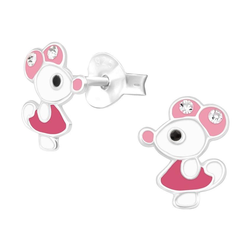 Pink And White Sterling Silver Mouse Earrings