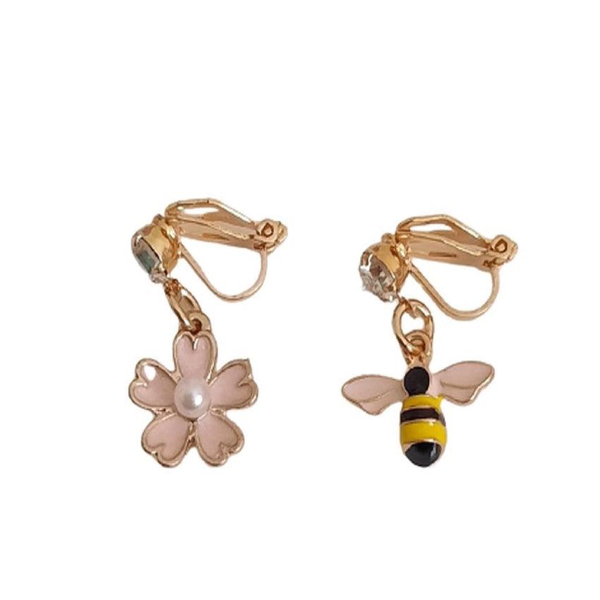 Pink Flower And Bee Clip On Earrings