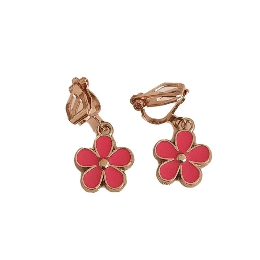 Pink Flower Clip On Earrings