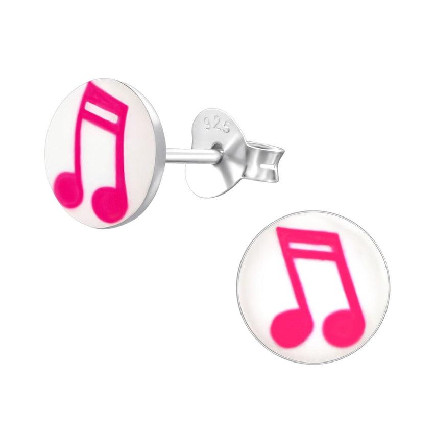Pink Music Note Round Sterling Silver Earrings