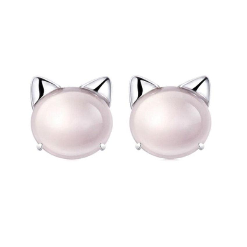 Pink Opal Cats Face Silver Earrings