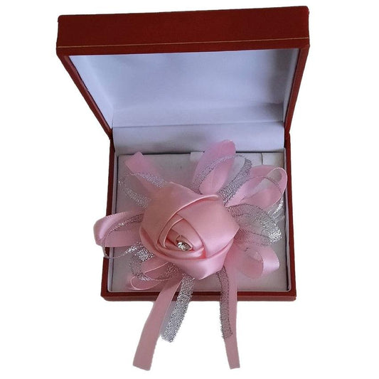 Pink Satin Rosebud With a Diamante Centre Wrist Corsage